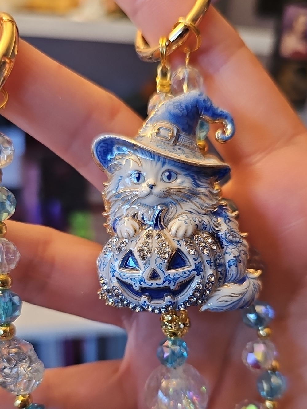 Blue Crystal Cat Witch Pumpkin Keychain - Purse Charm